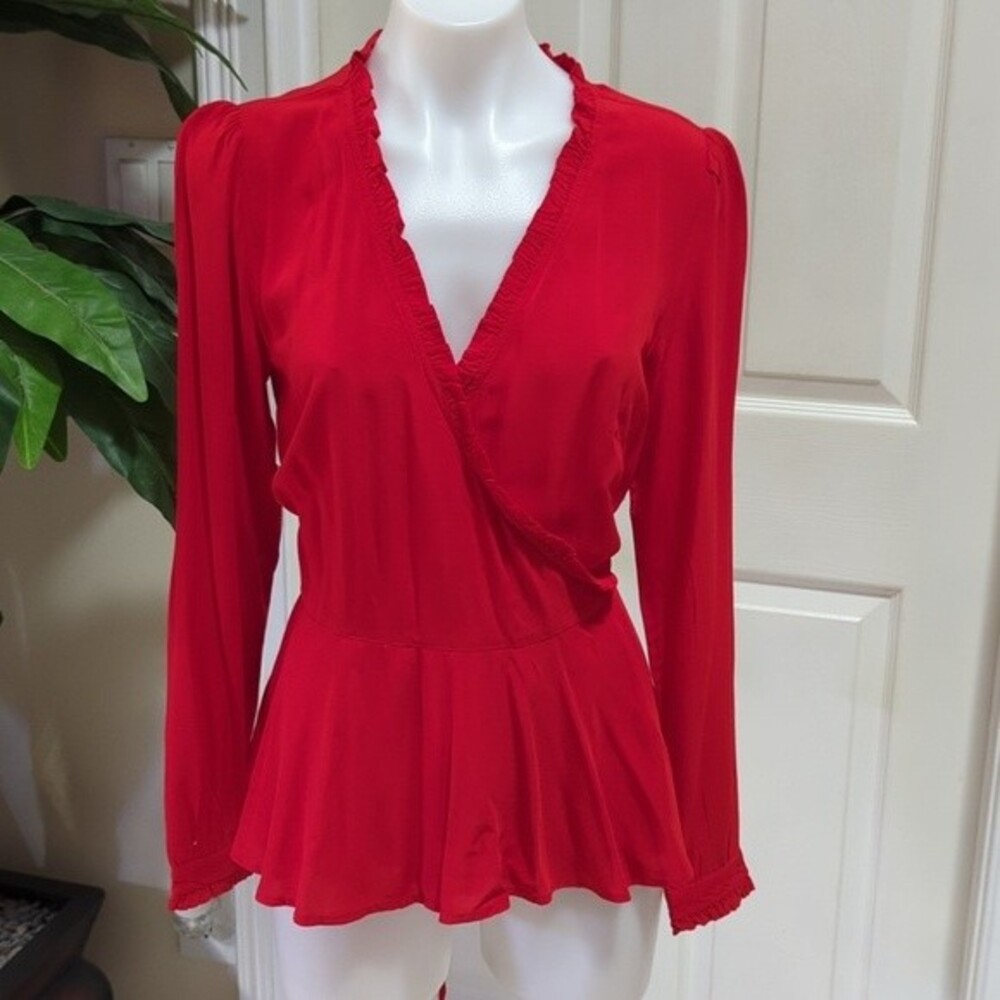 Loft Women's Red Wrap Peplum Top w/Button Sleeves Size XS